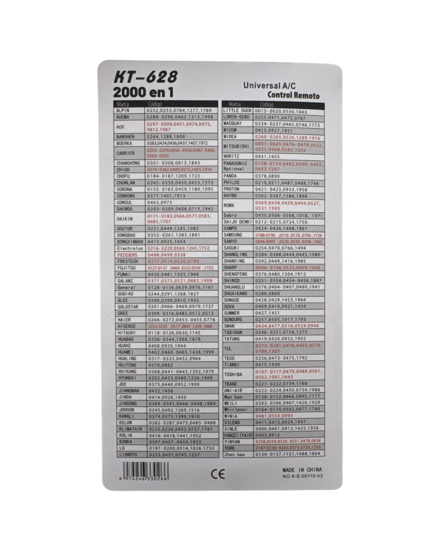 Control Remoto Universal 2000 Códigos - Aire Acondicionado