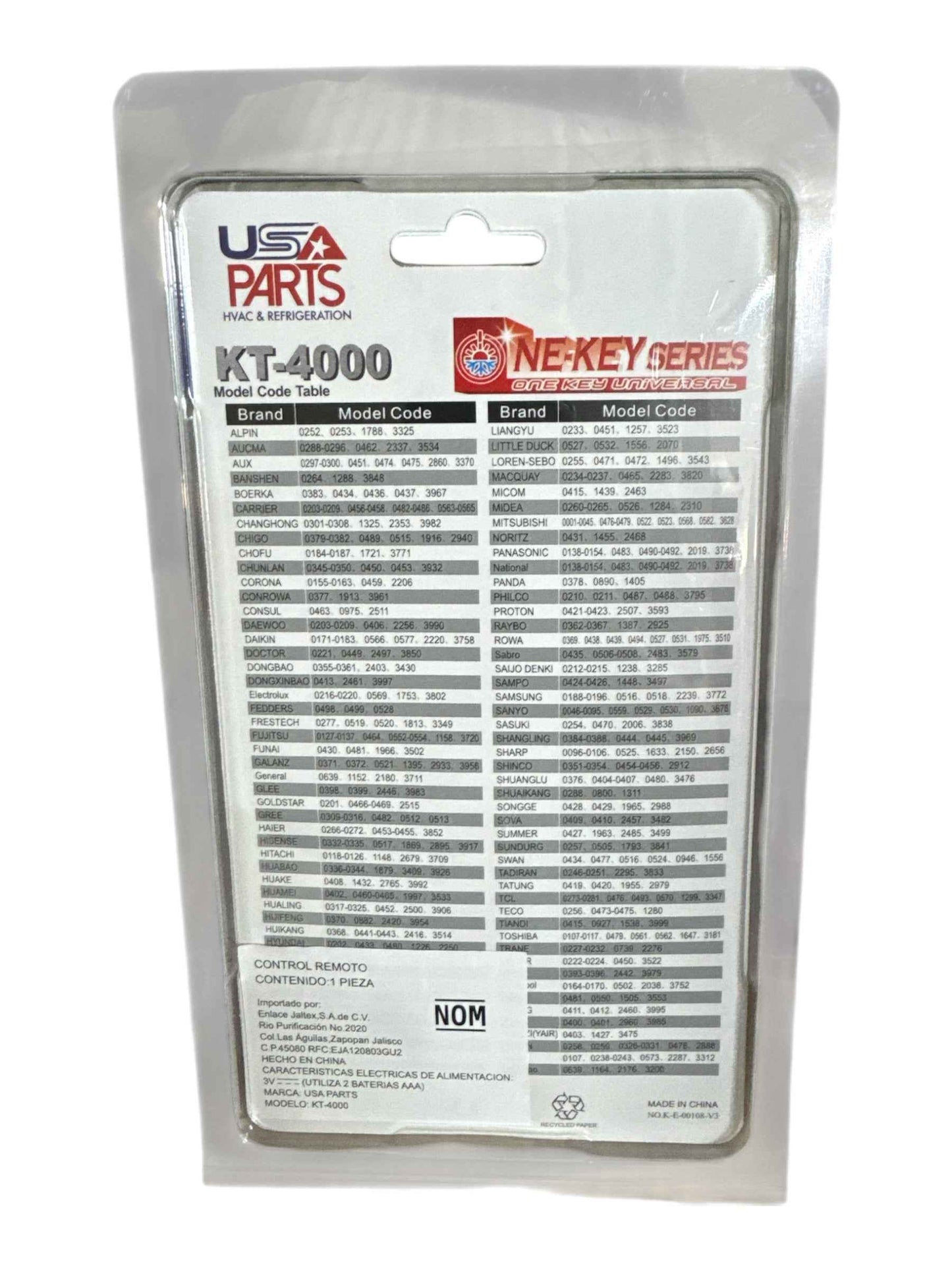 CONTROL UNIVERSAL 4000 CÓDIGOS USA PARTS